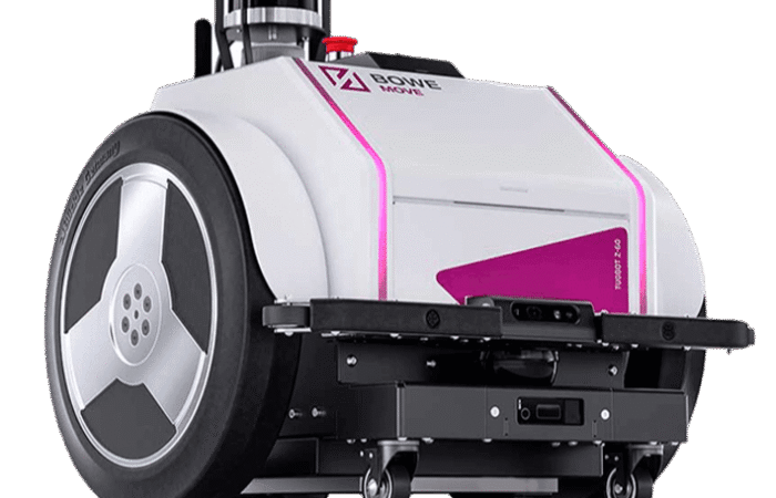 A sleek, modern autonomous service robot with a cylindrical top and large wheels, designed for various tasks.