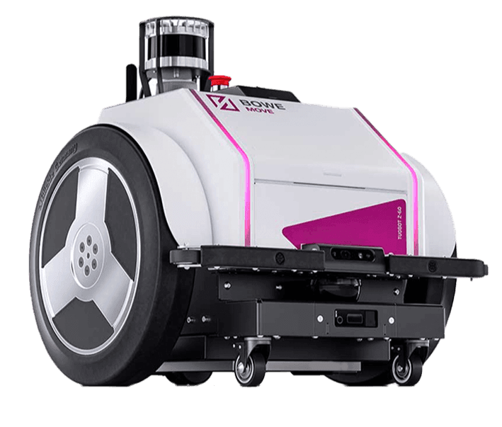 A sleek, modern autonomous service robot with a cylindrical top and large wheels, designed for various tasks.